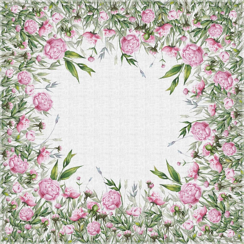 Linen tablecloth, farmhouse decor, peonies, 100% linen fabric
