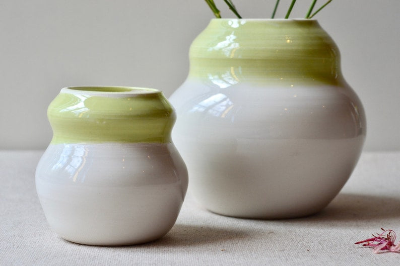 Set of 2 porcelain vases ~ Green and white ceramic vases ~ Cute bud vases