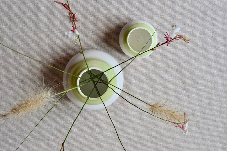 Set of 2 porcelain vases ~ Green and white ceramic vases ~ Cute bud vases
