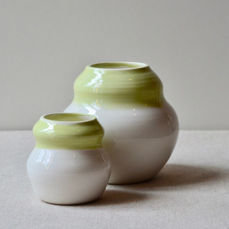 Set of 2 porcelain vases ~ Green and white ceramic vases ~ Cute bud vases