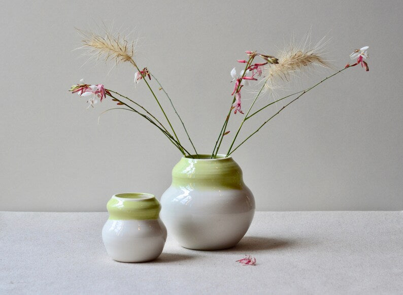 Set of 2 porcelain vases ~ Green and white ceramic vases ~ Cute bud vases
