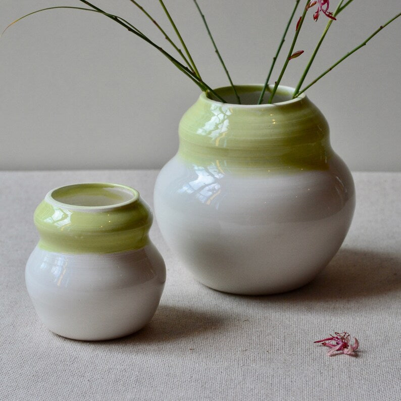 Set of 2 porcelain vases ~ Green and white ceramic vases ~ Cute bud vases