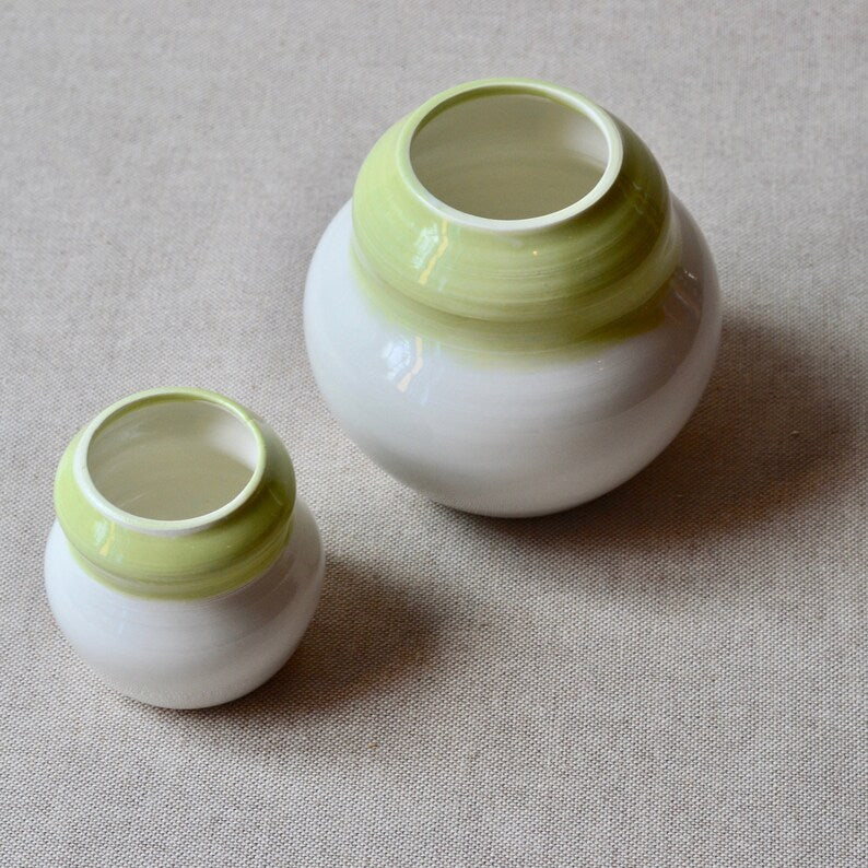 Set of 2 porcelain vases ~ Green and white ceramic vases ~ Cute bud vases