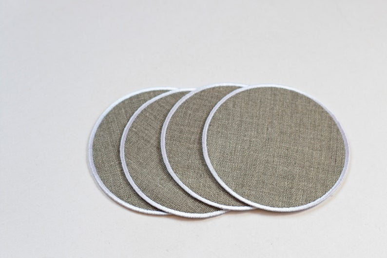 Round natural linen coasters with white trim set of 4