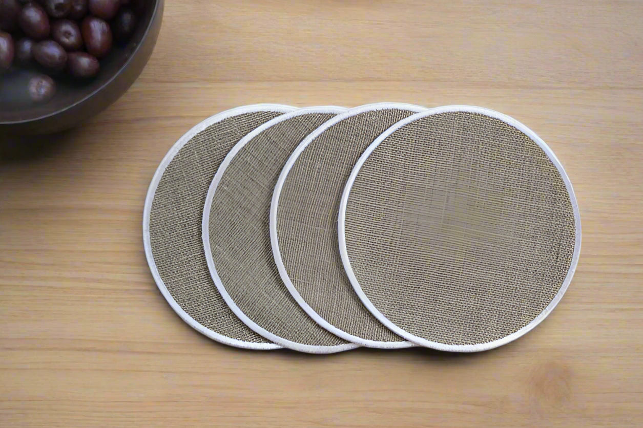 Round natural linen coasters with white trim set of 4