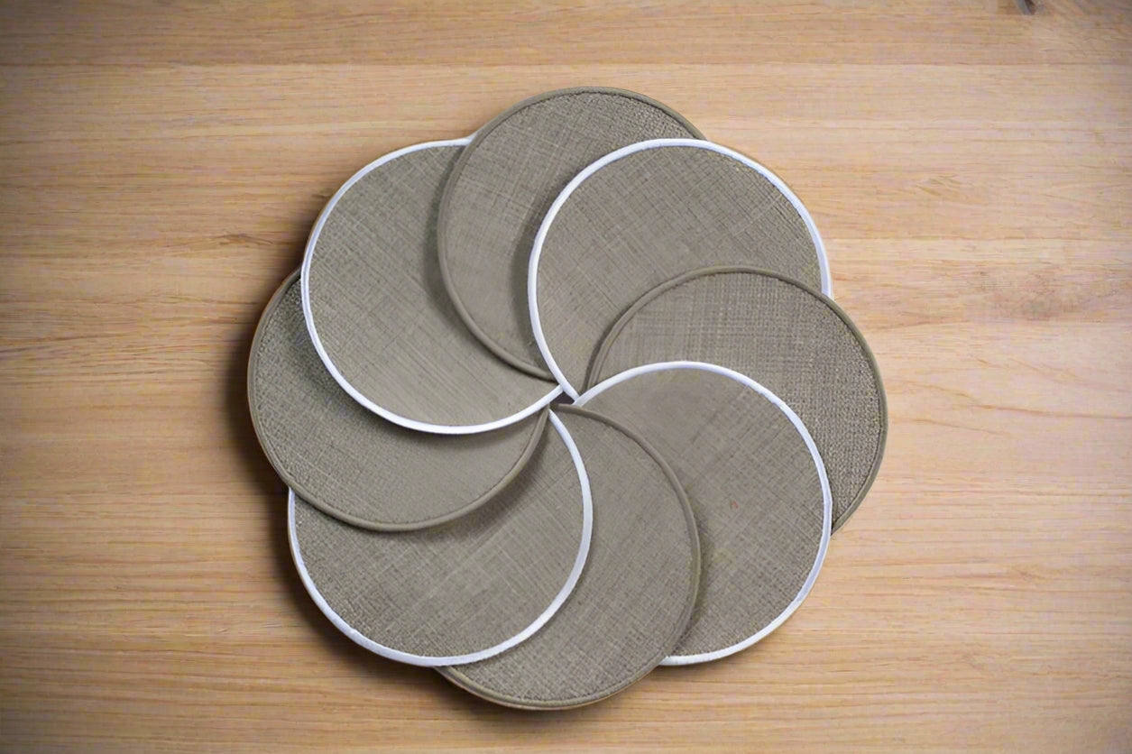 Round natural linen coasters with white trim set of 4