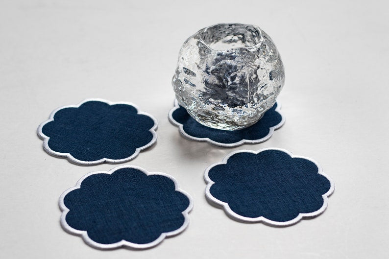 Blue linen coasters with scalloped edge Cocktail napkins Set of 4