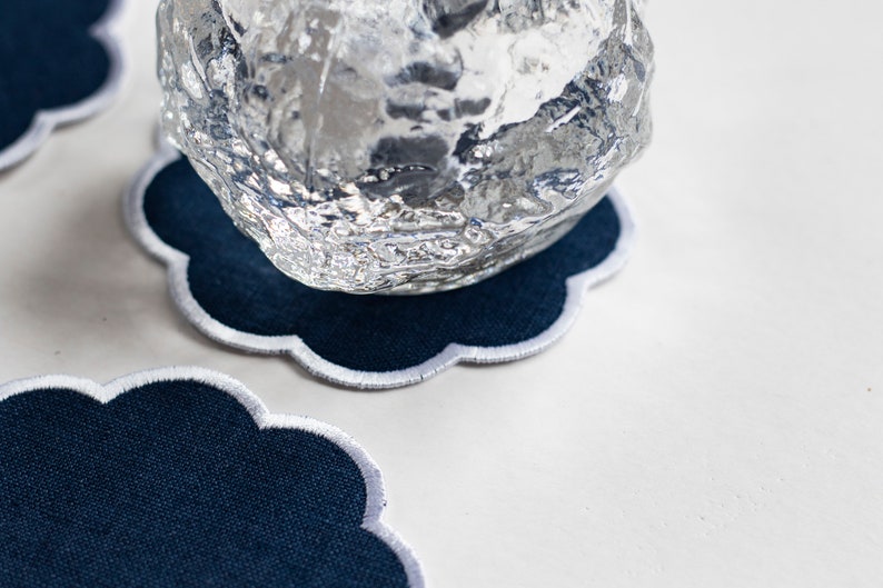 Blue linen coasters with scalloped edge Cocktail napkins Set of 4
