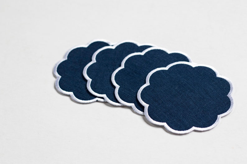 Blue linen coasters with scalloped edge Cocktail napkins Set of 4