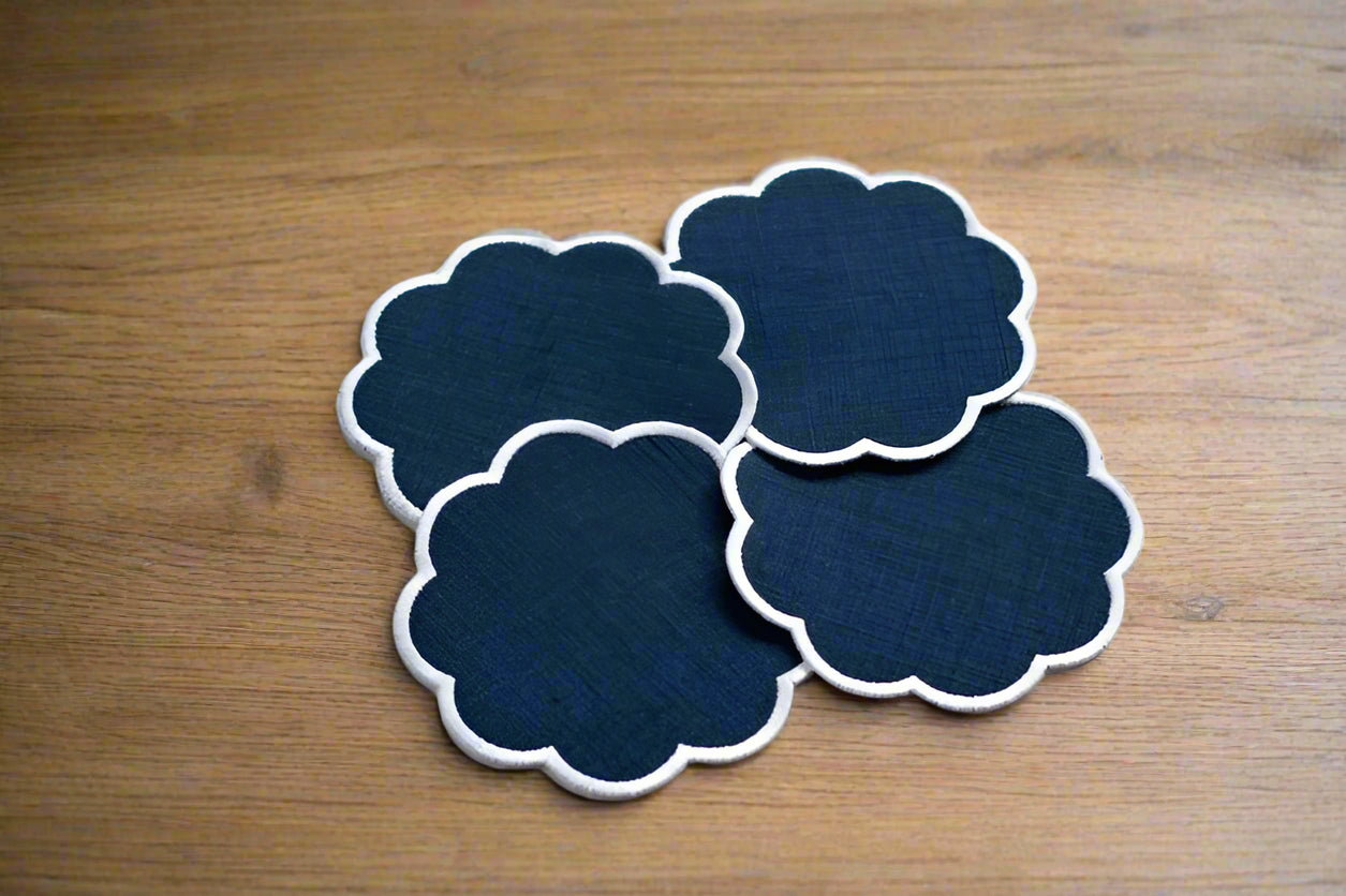 Blue linen coasters with scalloped edge Cocktail napkins Set of 4