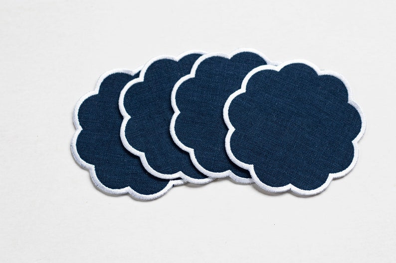 Blue linen coasters with scalloped edge Cocktail napkins Set of 4