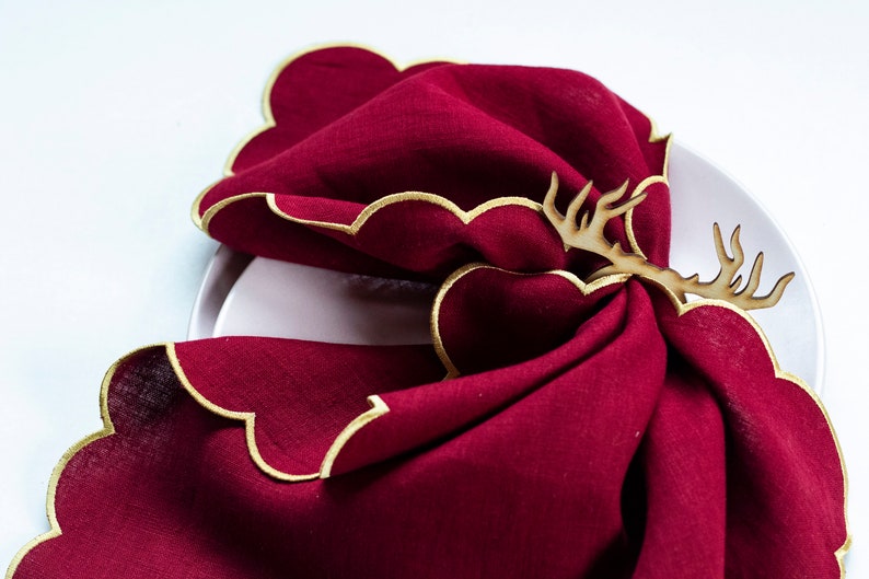 Burgundy linen napkins with gold trim for Christmas table decor 18''x18'' size set of 6