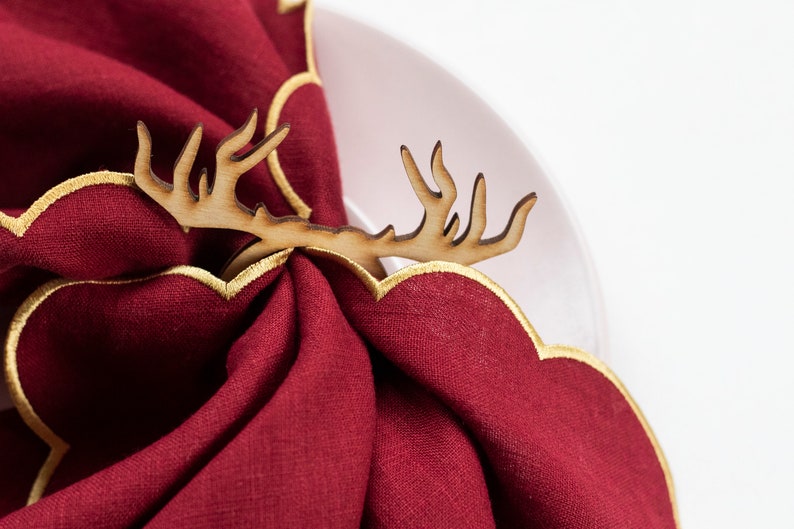 Burgundy linen napkins with gold trim for Christmas table decor 18''x18'' size set of 6