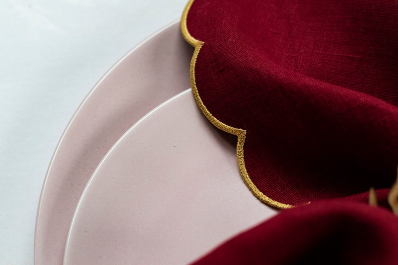 Burgundy linen napkins with gold trim for Christmas table decor 18''x18'' size set of 6