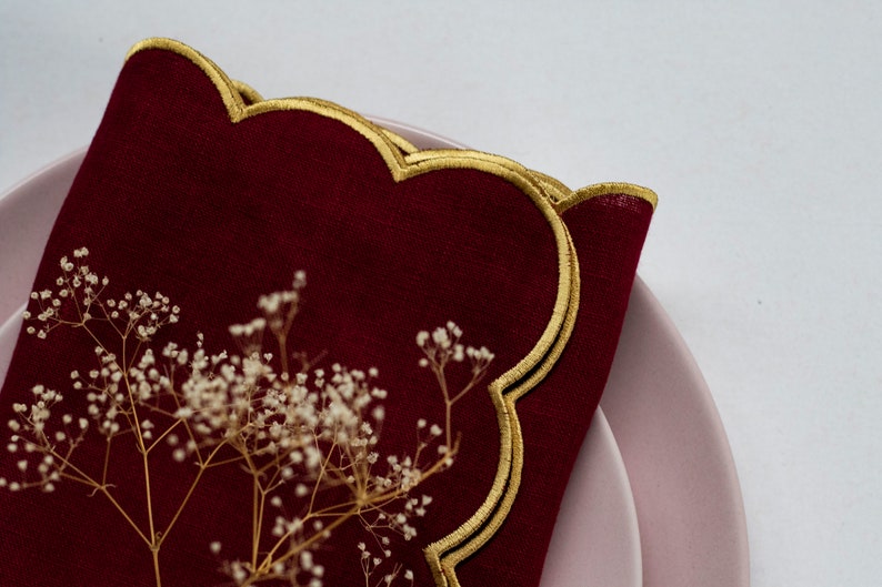 Burgundy linen napkins with gold trim for Christmas table decor 18''x18'' size set of 6