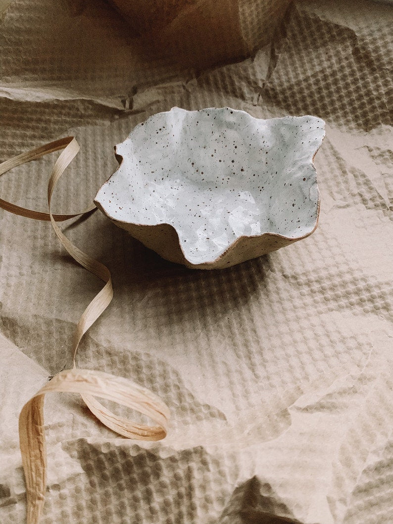 Handmade Ceramic Petal Bowl with White Flecked Glaze