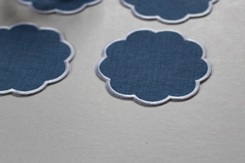 Blue linen coasters with scalloped edge Cocktail napkins Set of 4