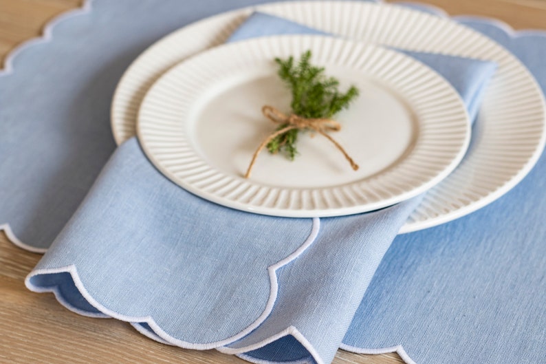 Baby blue linen cloth scallop napkins 18''x18'' size set of 6