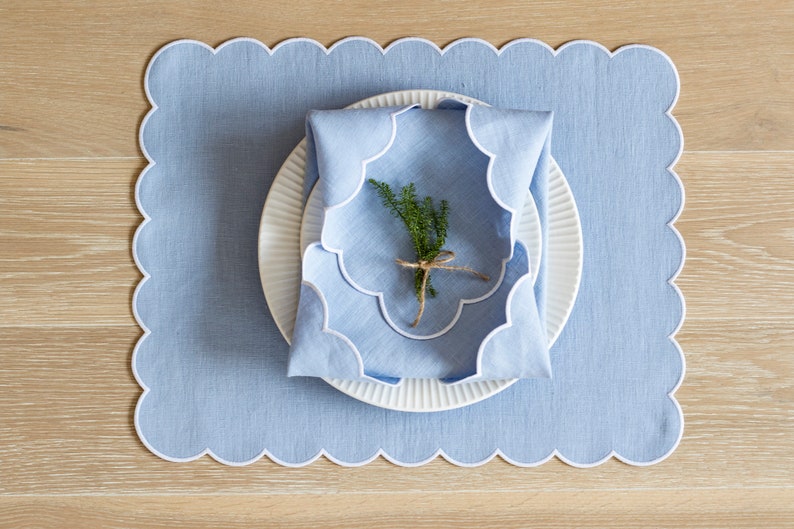 Baby blue linen cloth scallop napkins 18''x18'' size set of 6