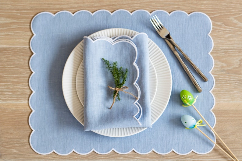 Baby blue linen cloth scallop napkins 18''x18'' size set of 6