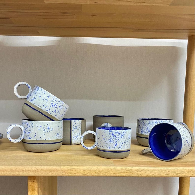 Handmade Stoneware White Blue Mug