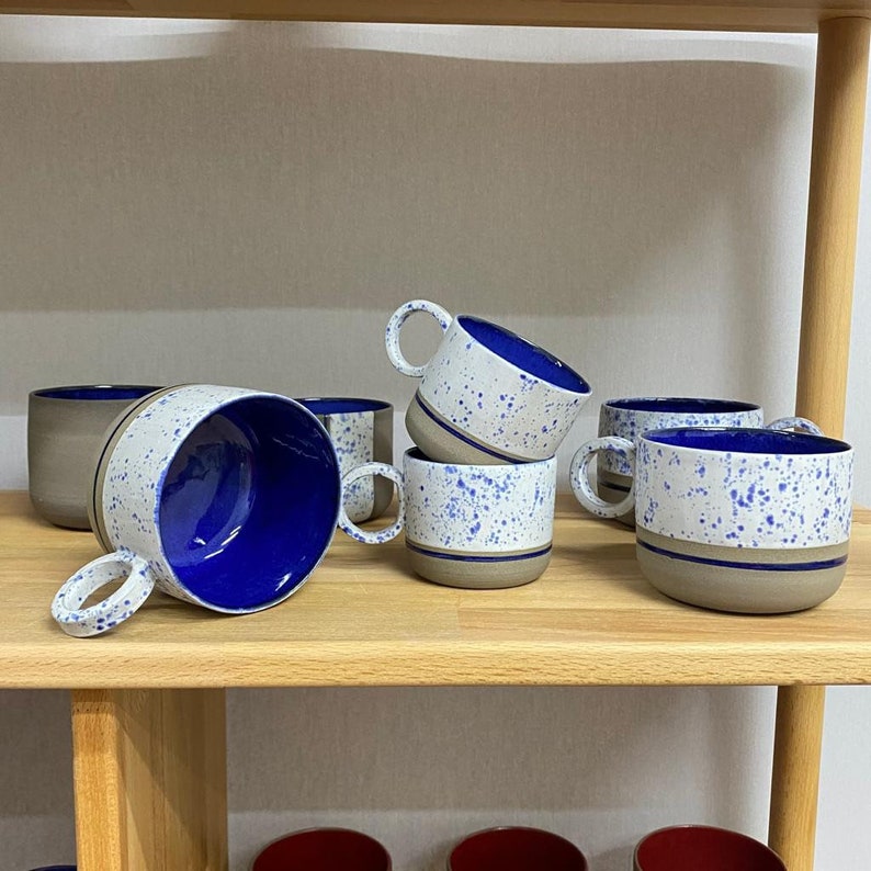 Handmade Stoneware White Blue Mug