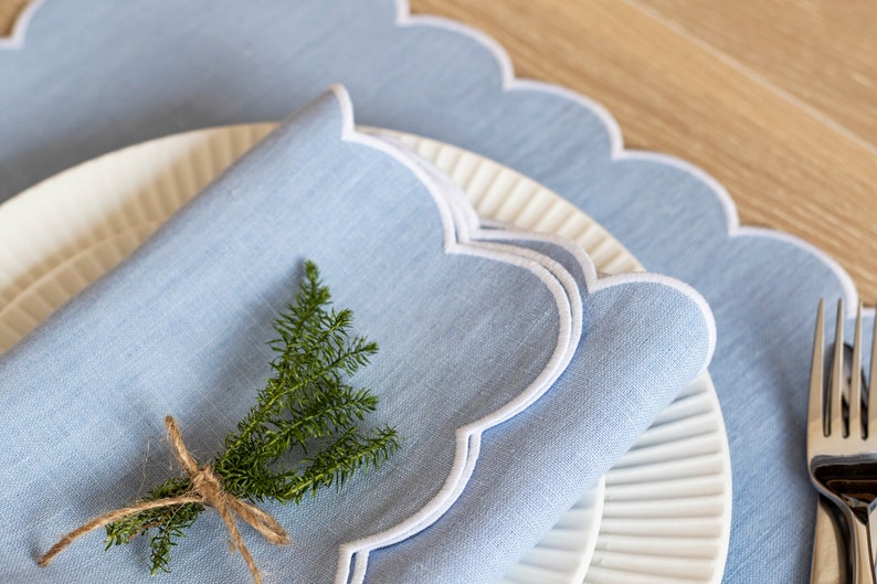 Baby blue linen cloth scallop napkins 18''x18'' size set of 6