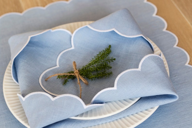 Baby blue linen cloth scallop napkins 18''x18'' size set of 6