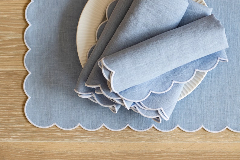 Baby blue linen cloth scallop napkins 18''x18'' size set of 6