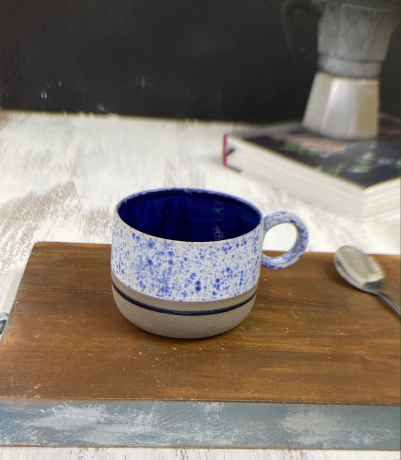 Handmade Stoneware White Blue Mug