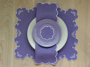 Lavender linen scalloped table mats with double white trim 13x17