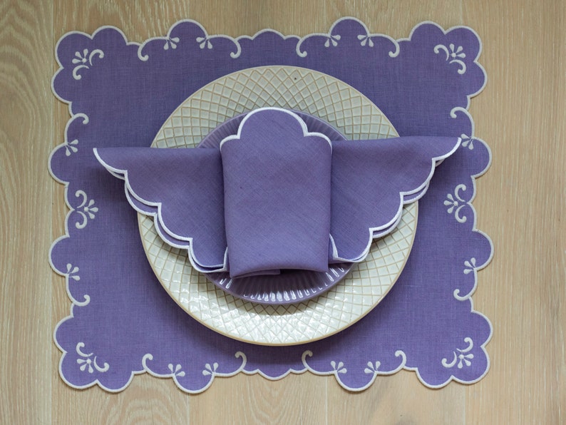 Lavender linen scalloped table mats with double white trim 13x17
