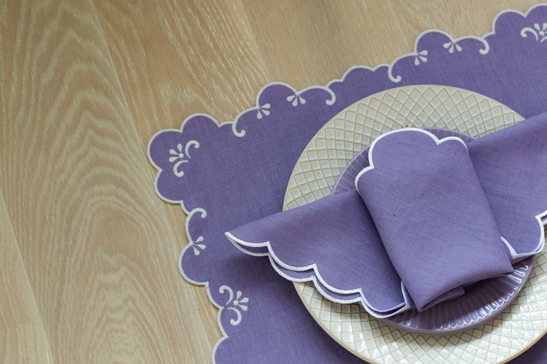 Lavender linen scalloped table mats with double white trim 13x17