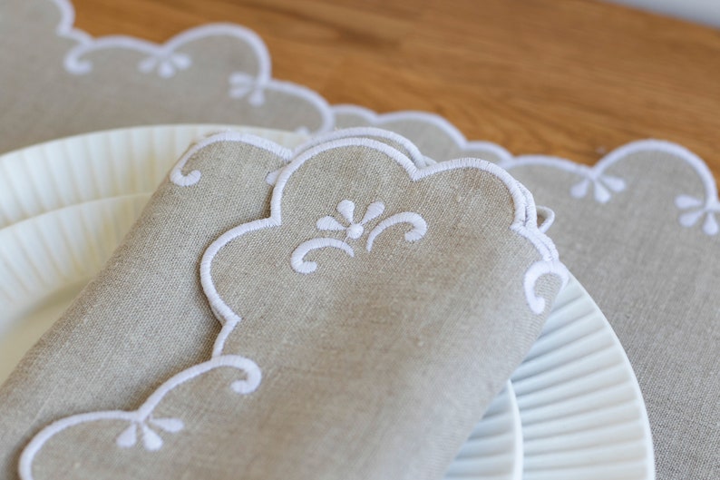 Natural linen napkins with white trim for table decor 16x16'' size set of  6