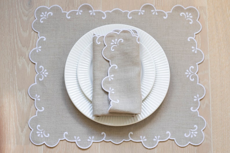 Natural linen napkins with white trim for table decor 16x16'' size set of  6