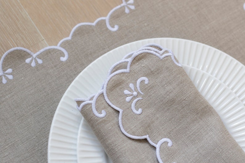 Natural linen napkins with white trim for table decor 16x16'' size set of  6