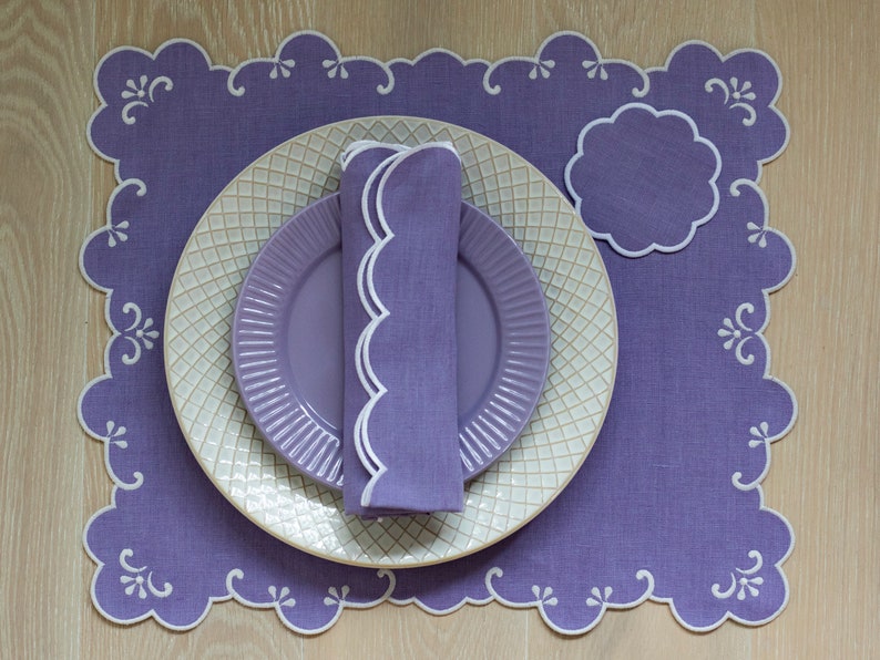 Lavender linen scalloped table mats with double white trim 13x17