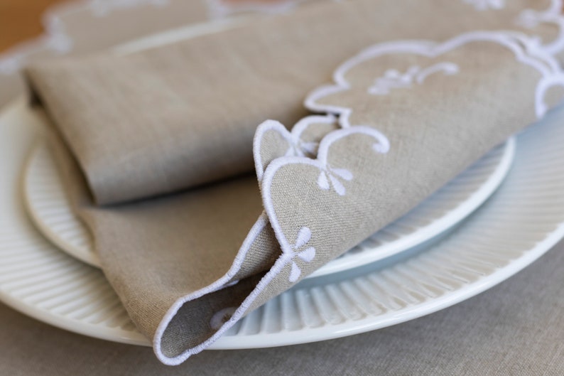 Natural linen napkins with white trim for table decor 16x16'' size set of  6