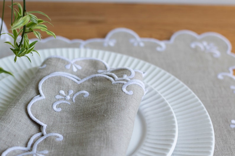 Natural linen napkins with white trim for table decor 16x16'' size set of  6