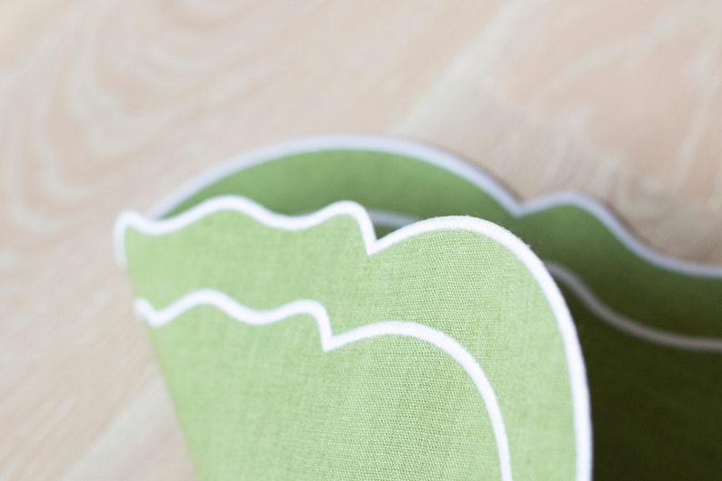 Pastel green linen table mats with white trim for table decor 15x18''