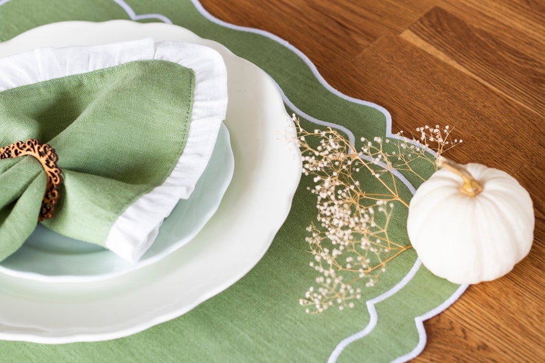 Pastel green linen table mats with white trim for table decor 15x18''