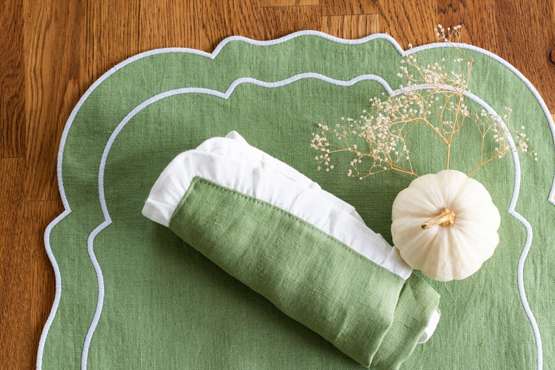 Pastel green linen table mats with white trim for table decor 15x18''
