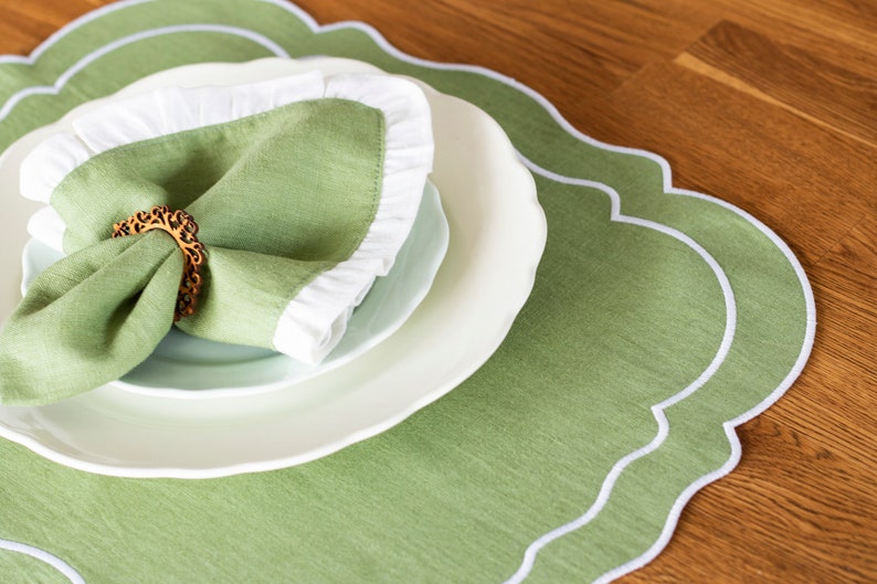 Pastel green linen table mats with white trim for table decor 15x18''