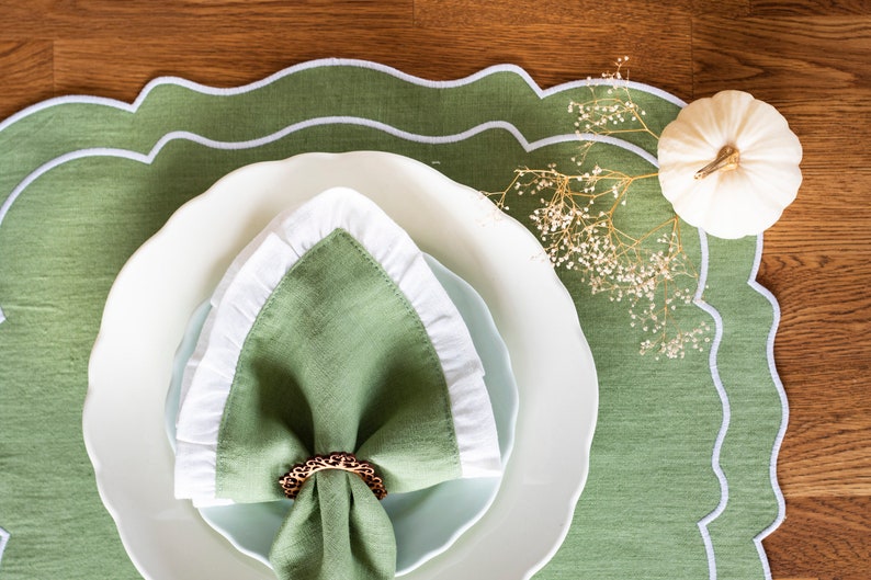 Pastel green linen table mats with white trim for table decor 15x18''