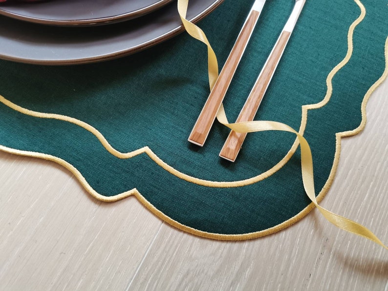 Emerald green linen table mats with gold trim for Christmas decor 15x18