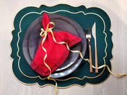 Emerald green linen table mats with gold trim for Christmas decor 15x18