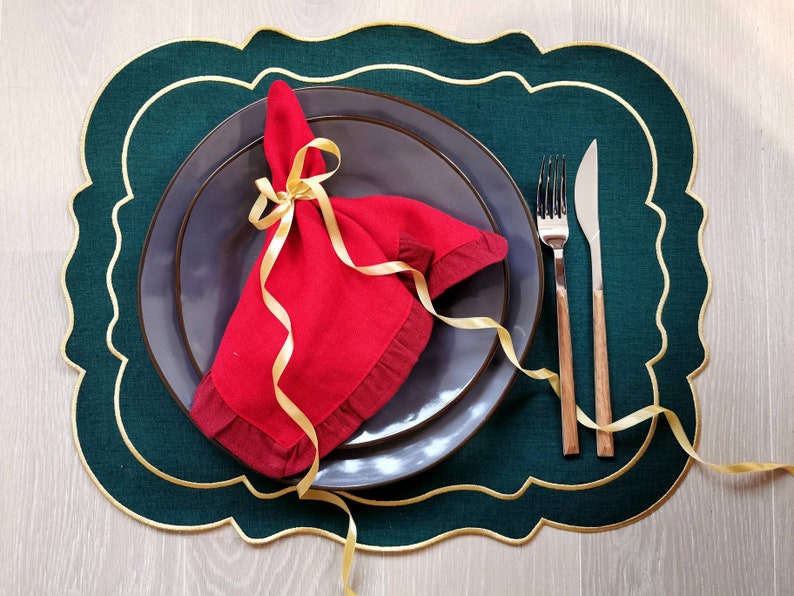 Emerald green linen table mats with gold trim for Christmas decor 15x18
