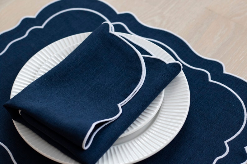 Dark blue linen napkins with white trim for table decor 18''x18'' size set of 6