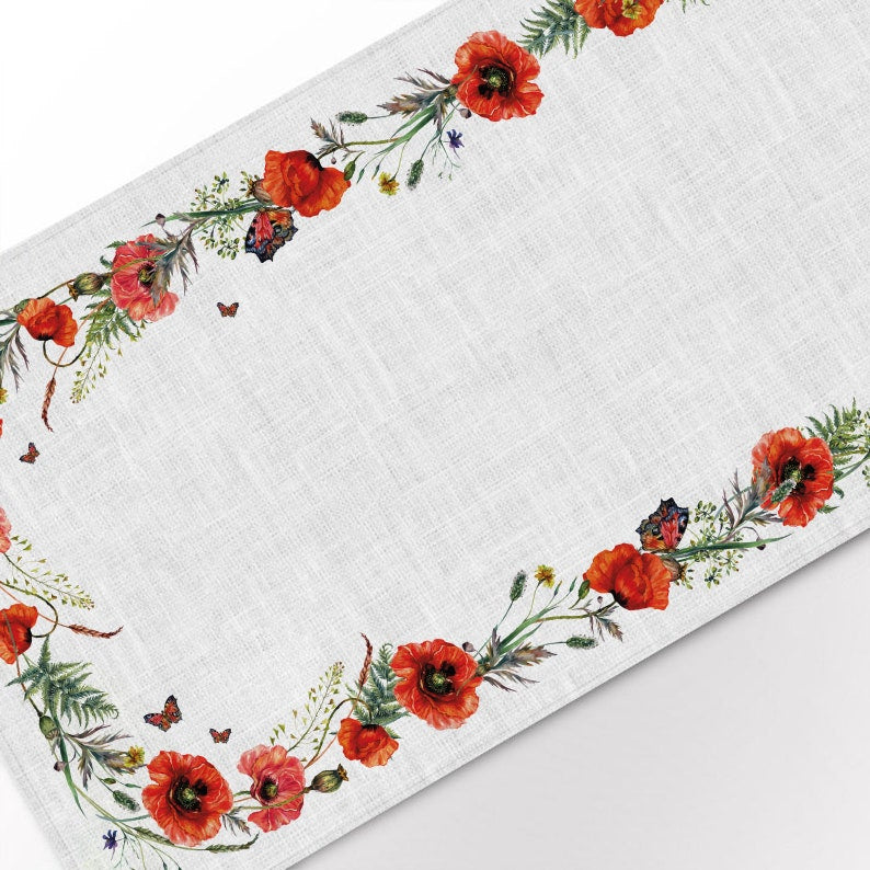 Wild Poppies Linen Table Runner - 100% linen