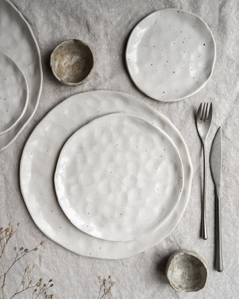 White flecked handmade ceramic plates